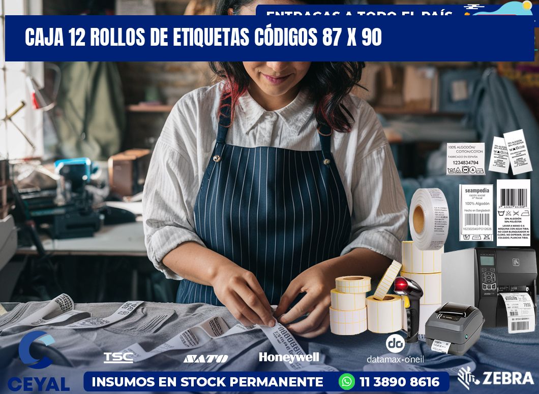 CAJA 12 ROLLOS DE ETIQUETAS CÓDIGOS 87 x 90