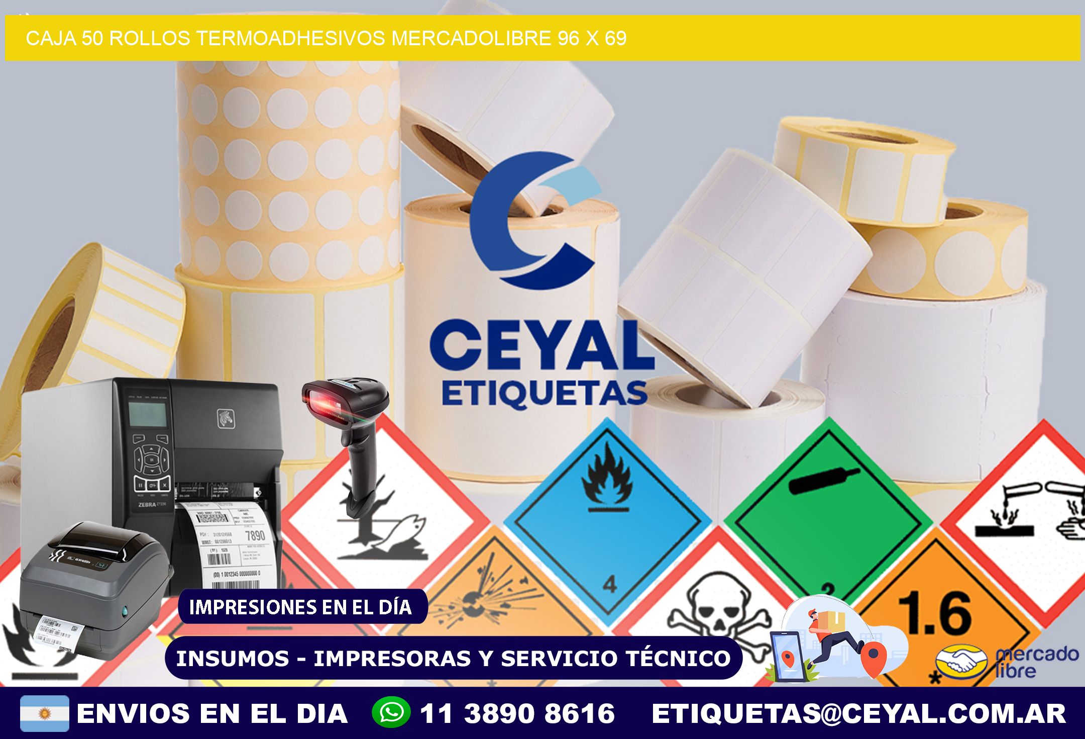 CAJA 50 ROLLOS TERMOADHESIVOS MERCADOLIBRE 96 x 69