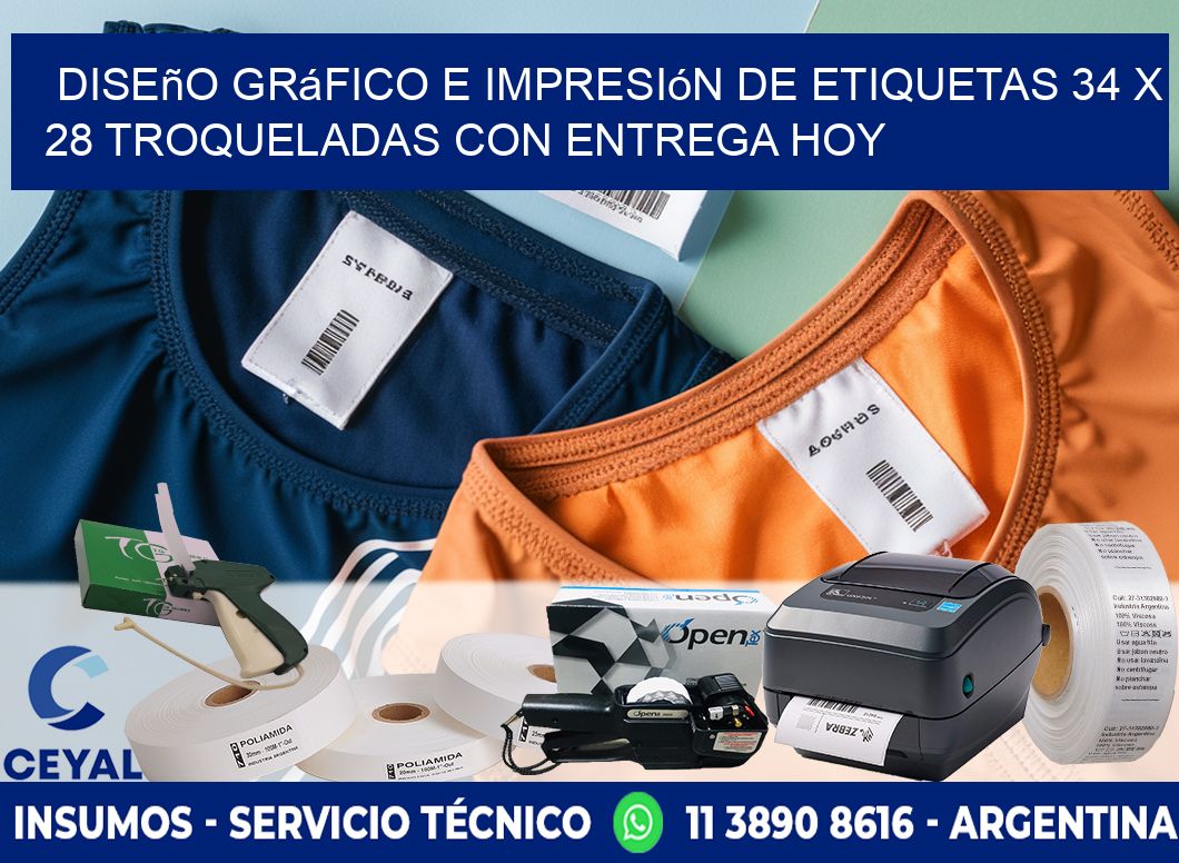 Diseño gráfico e impresión de etiquetas 34 x 28 troqueladas con entrega hoy