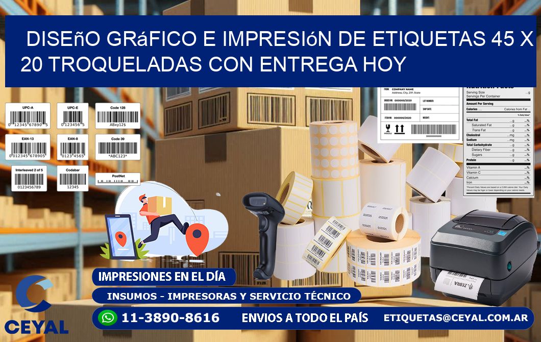 Diseño gráfico e impresión de etiquetas 45 x 20 troqueladas con entrega hoy