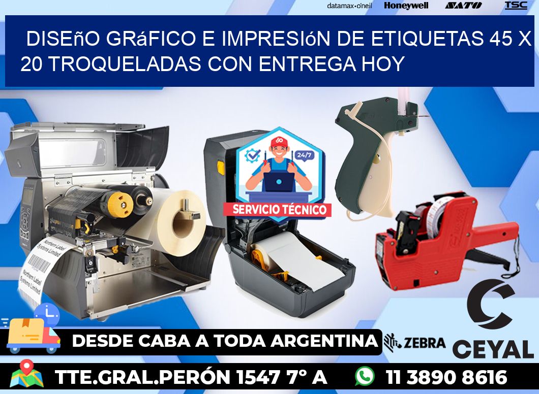 Diseño gráfico e impresión de etiquetas 45 x 20 troqueladas con entrega hoy