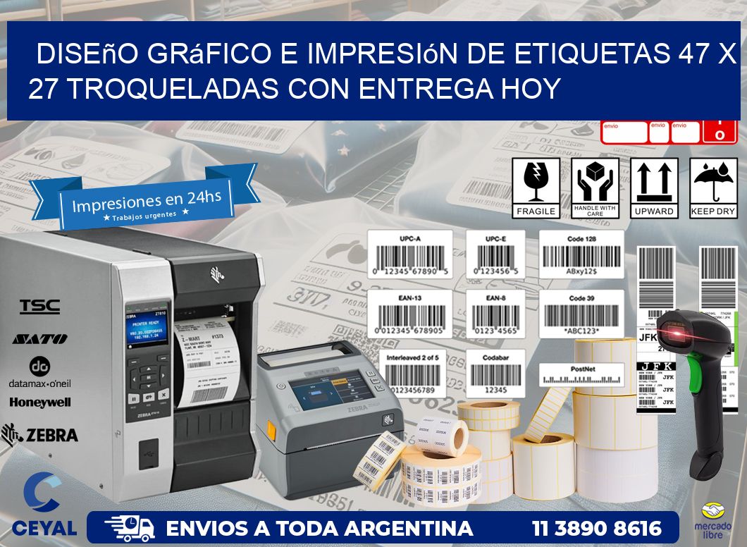 Diseño gráfico e impresión de etiquetas 47 x 27 troqueladas con entrega hoy