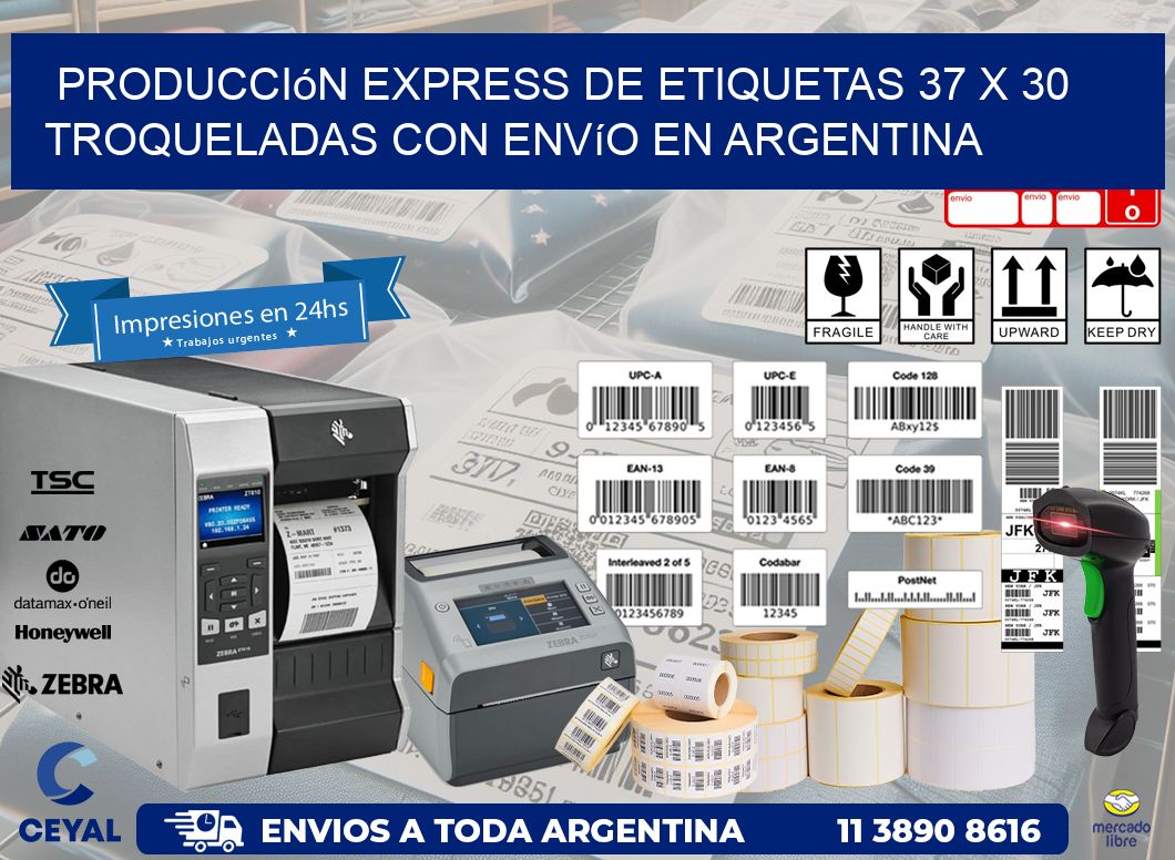 Producción express de etiquetas 37 x 30 troqueladas con envío en Argentina
