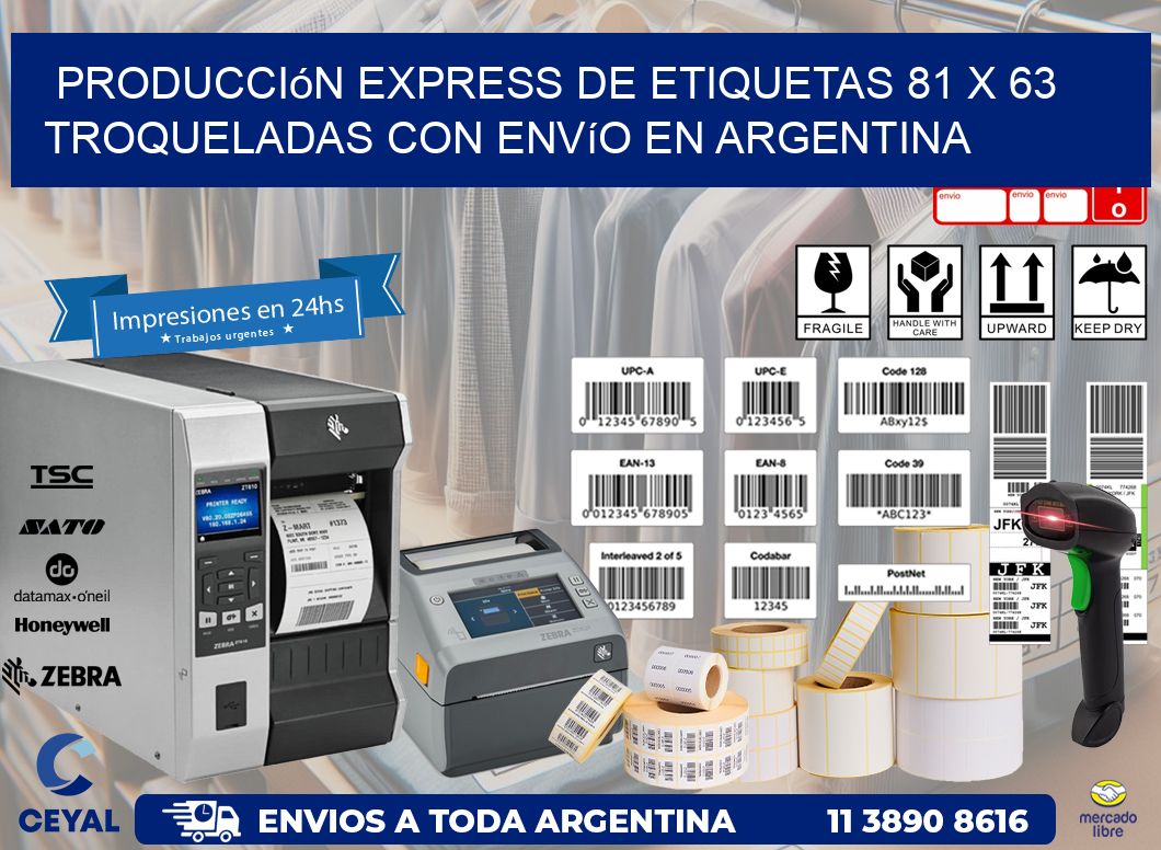 Producción express de etiquetas 81 x 63 troqueladas con envío en Argentina