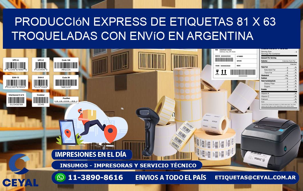 Producción express de etiquetas 81 x 63 troqueladas con envío en Argentina