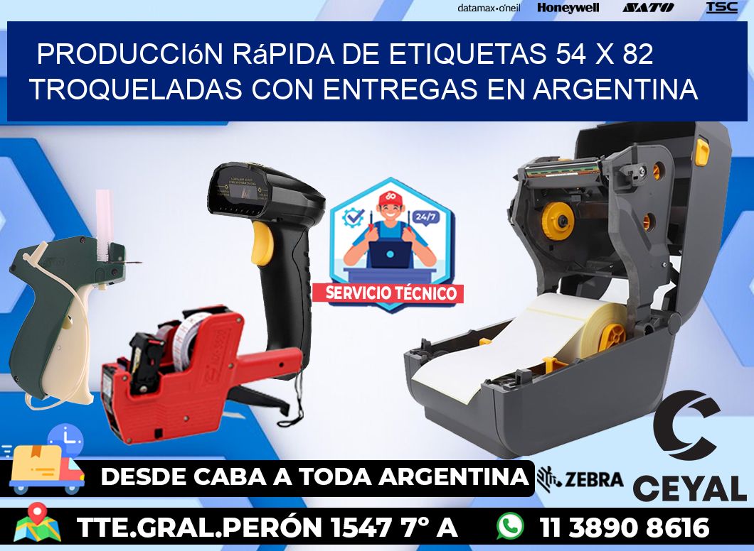 Producción rápida de etiquetas 54 x 82 troqueladas con entregas en Argentina