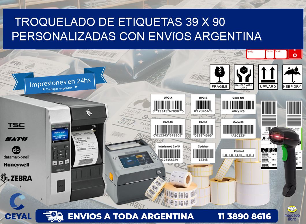 Troquelado de etiquetas 39 x 90 personalizadas con envíos Argentina