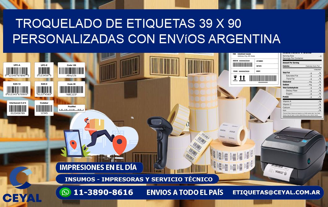 Troquelado de etiquetas 39 x 90 personalizadas con envíos Argentina