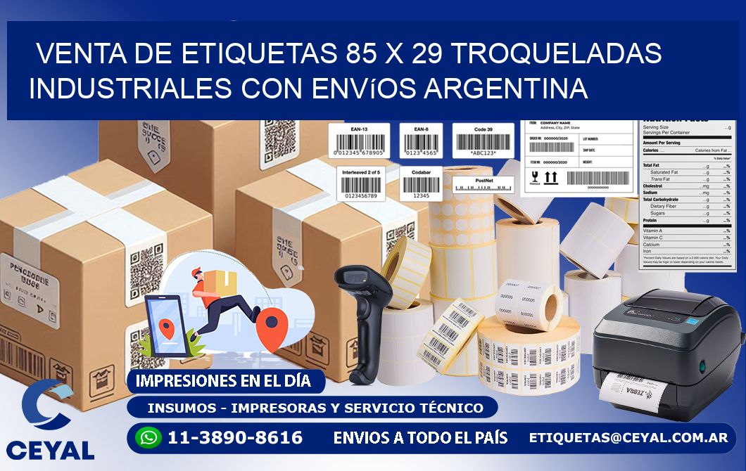 Venta de etiquetas 85 x 29 troqueladas industriales con envíos Argentina