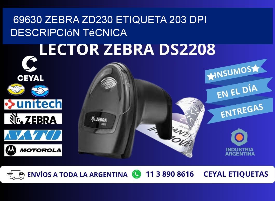 69630 Zebra ZD230 etiqueta 203 dpi descripción técnica