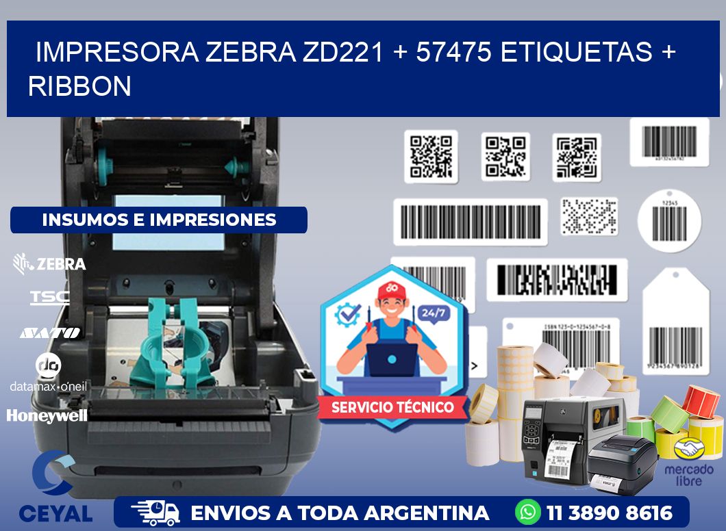 impresora zebra zd221 + 57475 etiquetas + ribbon