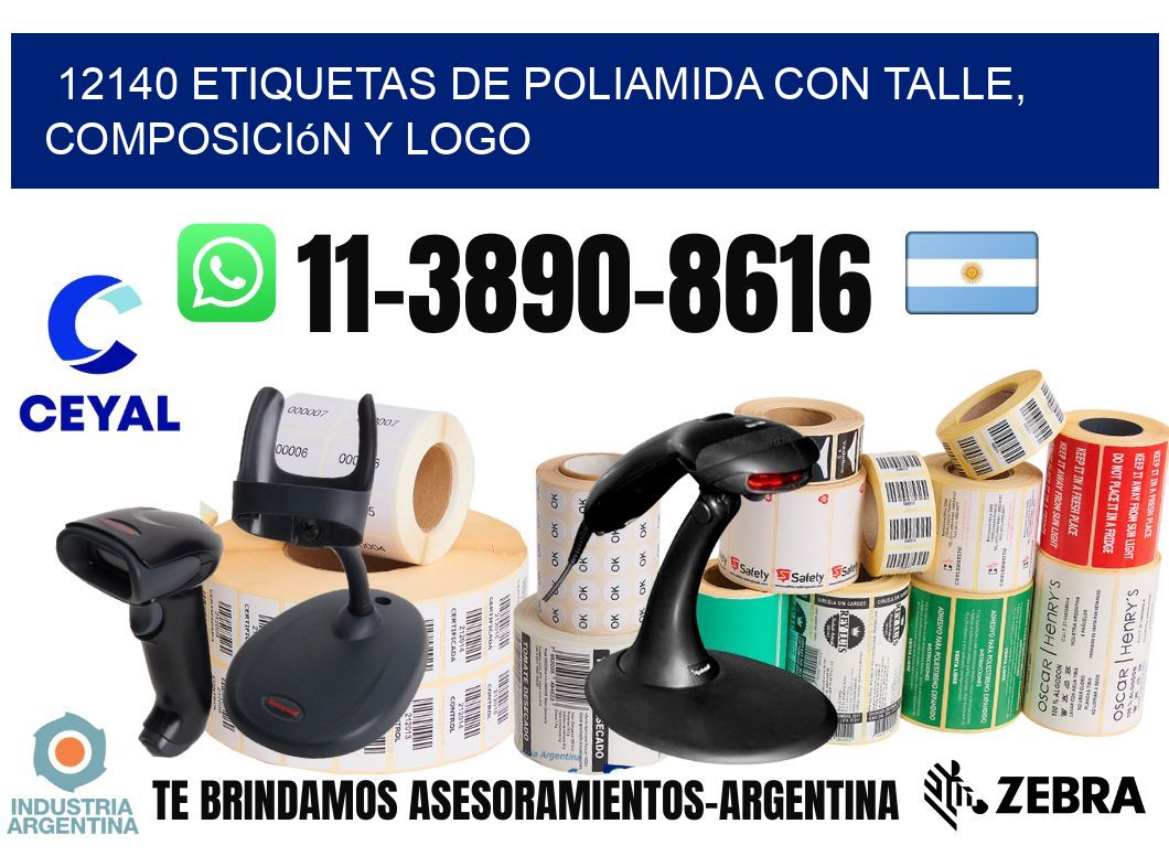 12140 Etiquetas de poliamida con talle, composición y logo