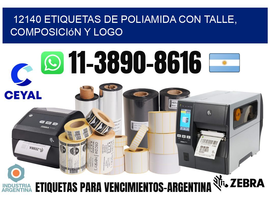 12140 Etiquetas de poliamida con talle, composición y logo