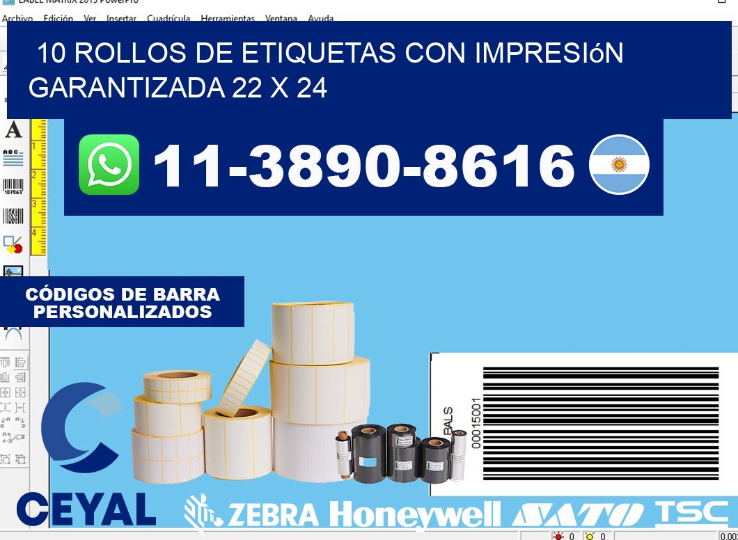 10 rollos de etiquetas con impresión garantizada 22 x 24