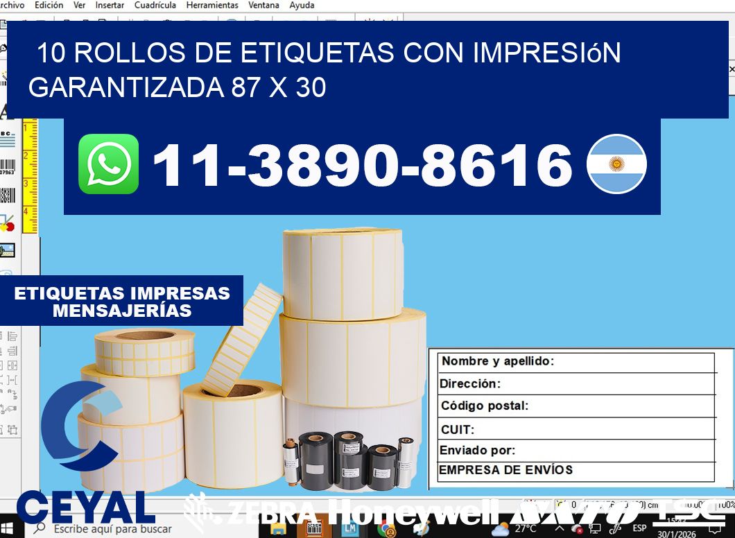 10 rollos de etiquetas con impresión garantizada 87 x 30