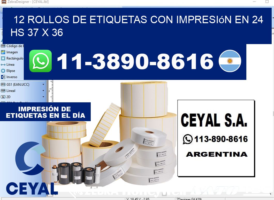 12 rollos de etiquetas con impresión en 24 hs 37 x 36