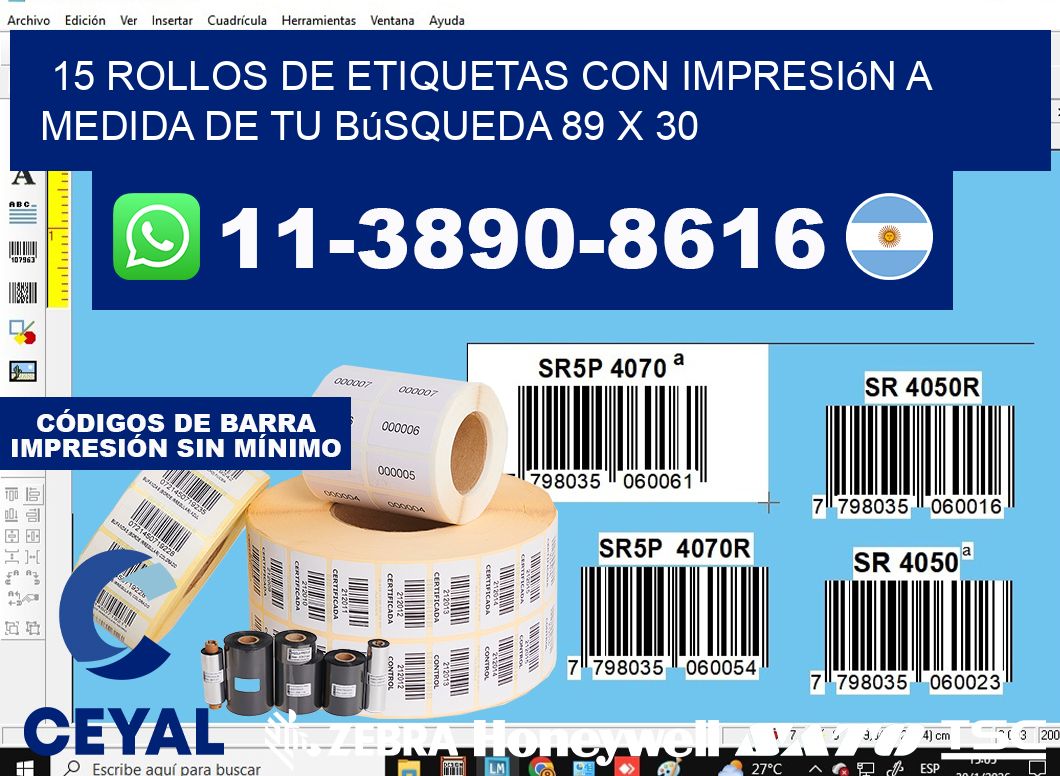 15 rollos de etiquetas con impresión a medida de tu búsqueda 89 x 30
