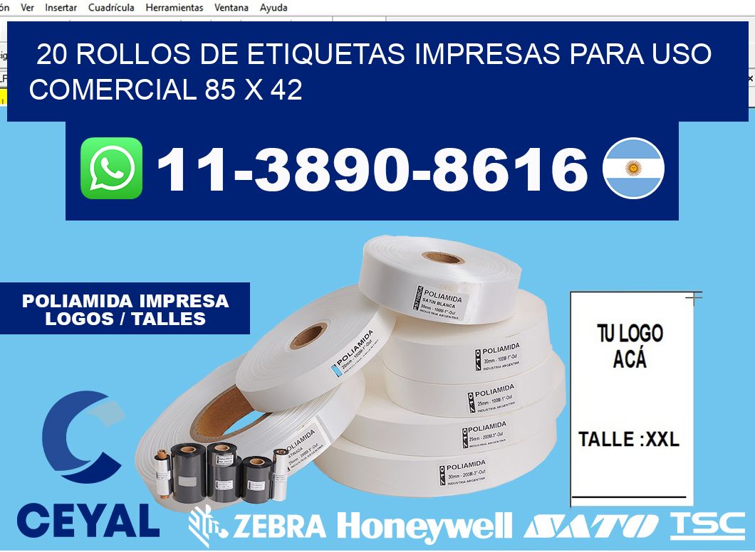 20 rollos de etiquetas impresas para uso comercial 85 x 42