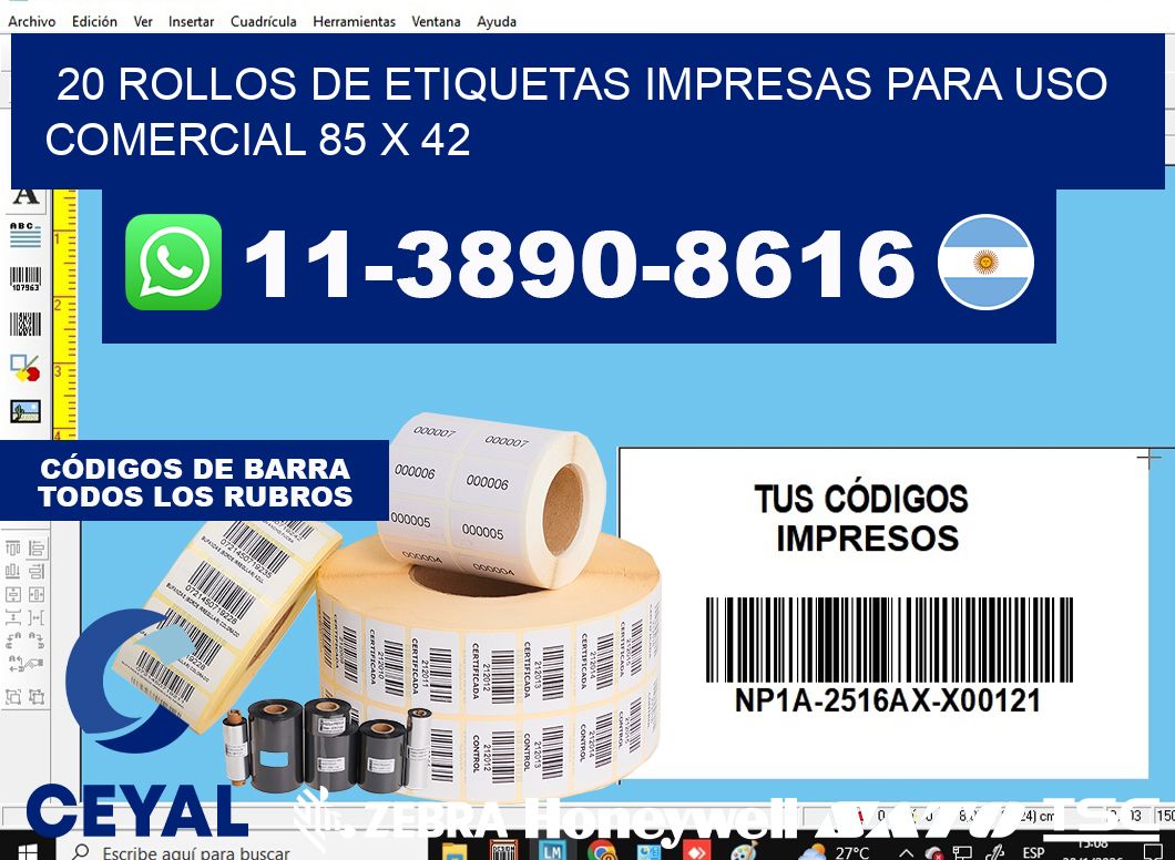 20 rollos de etiquetas impresas para uso comercial 85 x 42