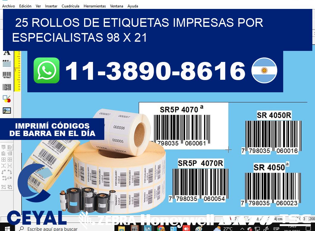 25 rollos de etiquetas impresas por especialistas 98 x 21