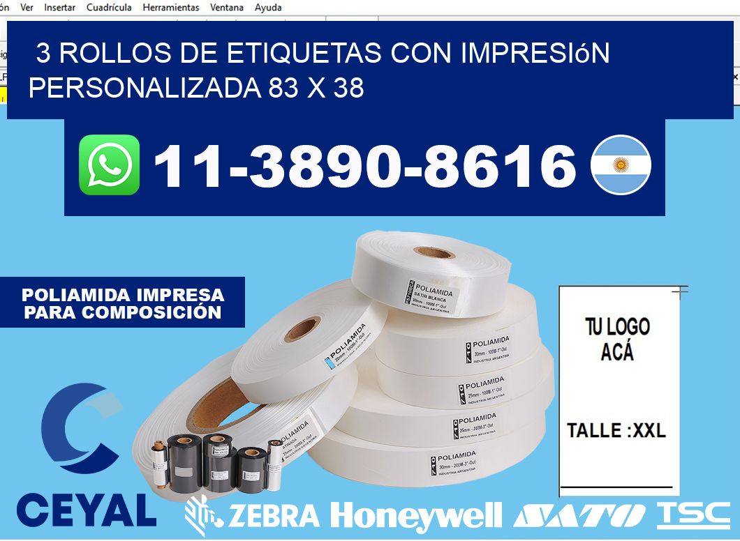 3 rollos de etiquetas con impresión personalizada 83 x 38