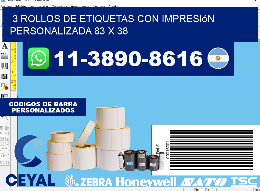 3 rollos de etiquetas con impresión personalizada 83 x 38