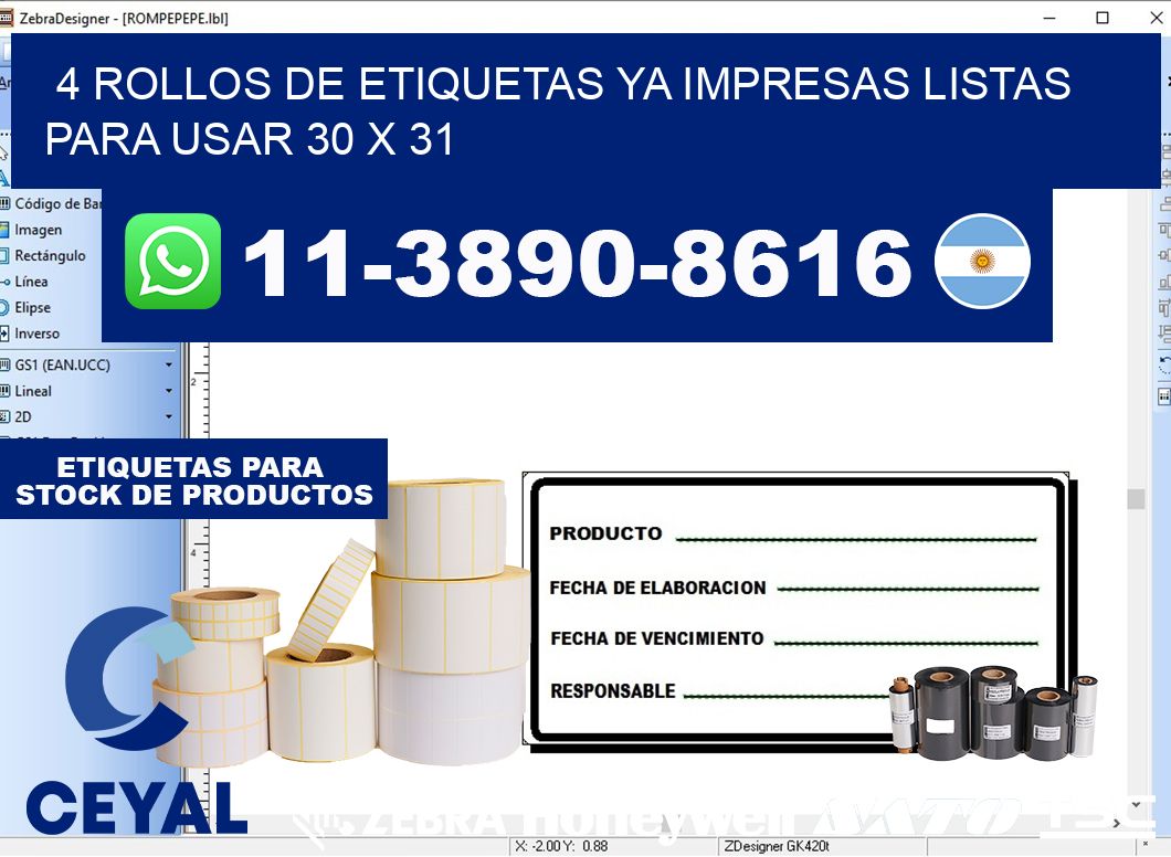 4 rollos de etiquetas ya impresas listas para usar 30 x 31