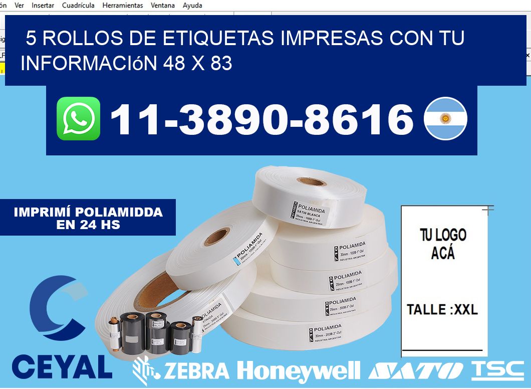 5 rollos de etiquetas impresas con tu información 48 x 83