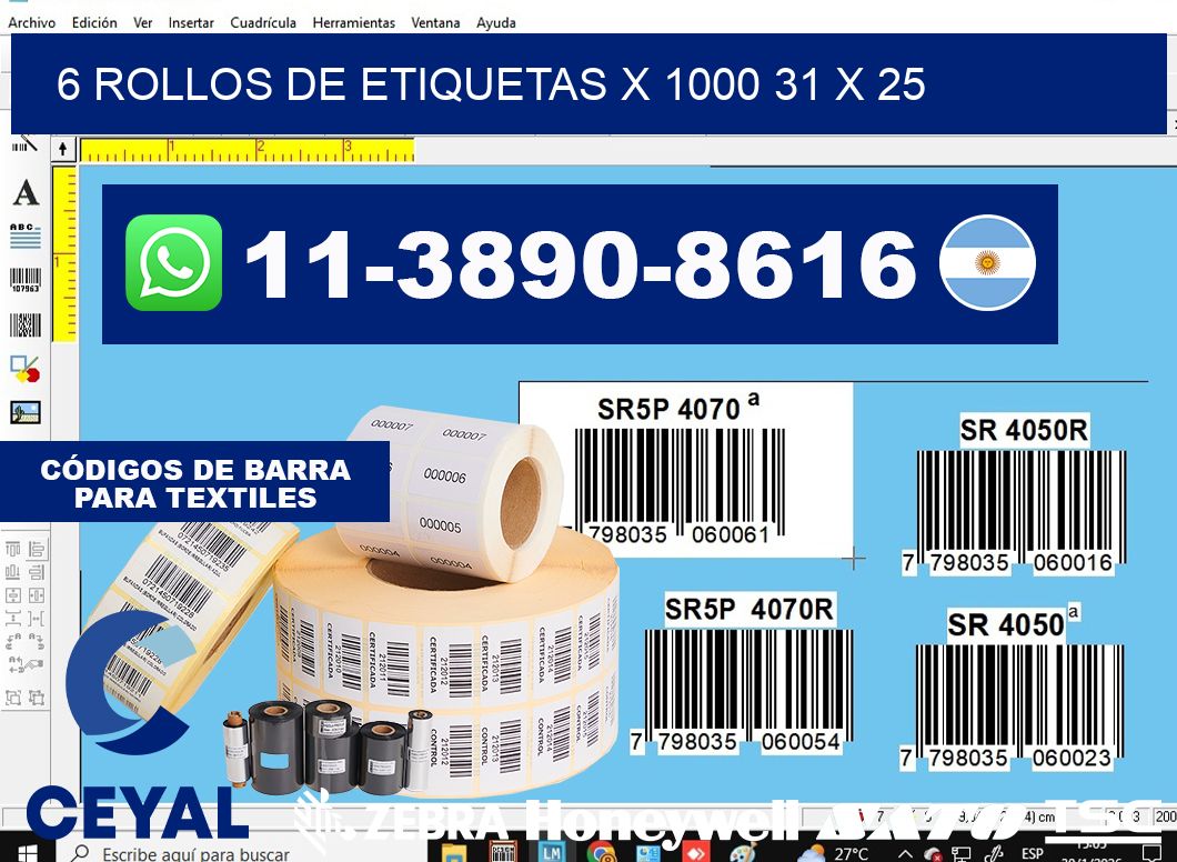 6 rollos de etiquetas x 1000 31 x 25