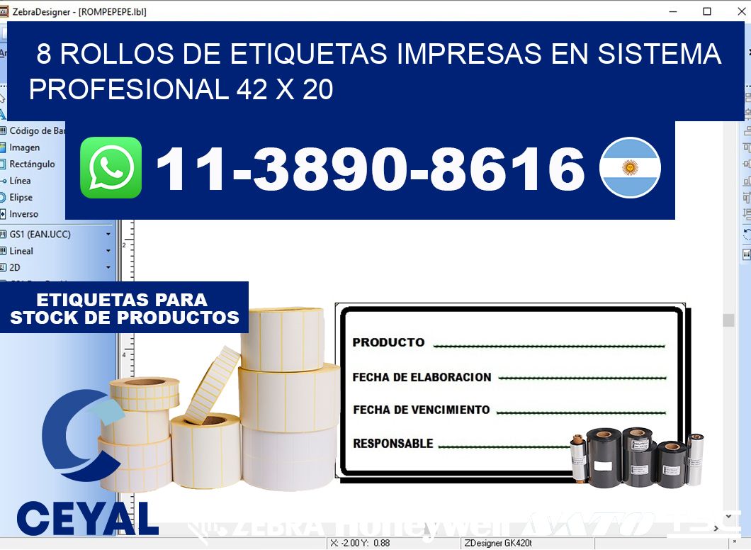 8 rollos de etiquetas impresas en sistema profesional 42 x 20