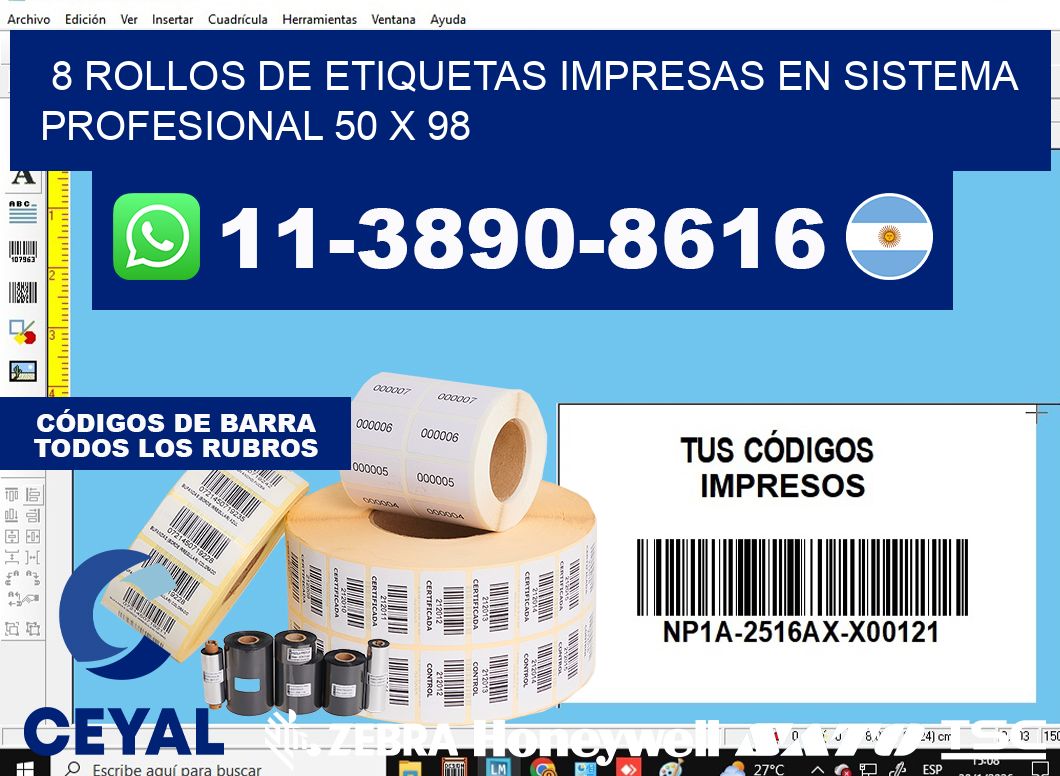 8 rollos de etiquetas impresas en sistema profesional 50 x 98