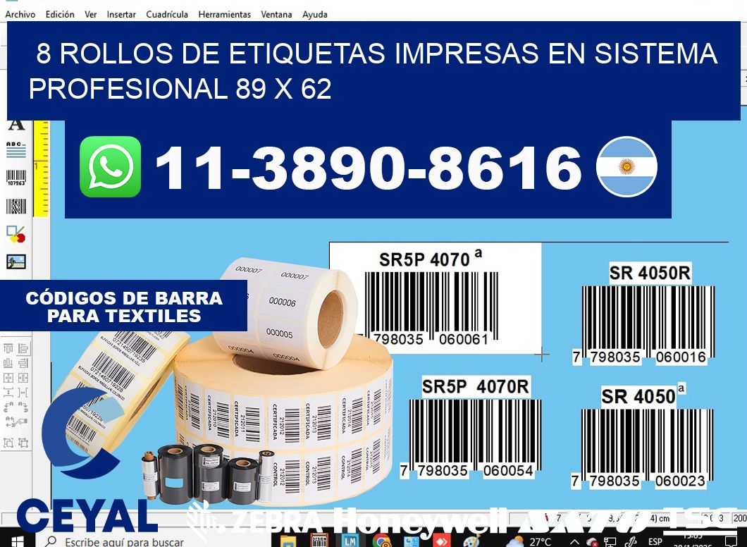 8 rollos de etiquetas impresas en sistema profesional 89 x 62