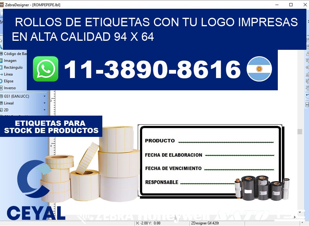 rollos de etiquetas con tu logo impresas en alta calidad 94 x 64
