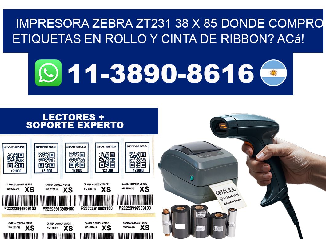 impresora zebra zt231 38 x 85 Donde compro etiquetas en rollo y cinta de ribbon? Acá!